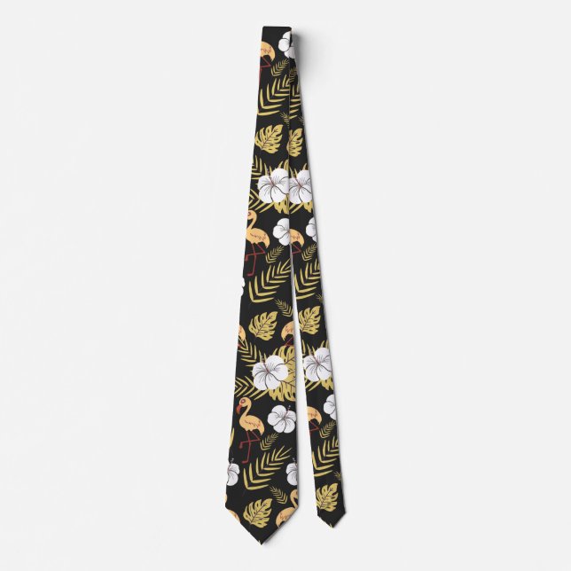 Cravate Flamant rose continu motif fleurs jaune et blanc (Devant)