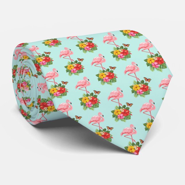 Cravate Flamant rose rose & Hibiscus Tropical Fancy Motif (Roulé)