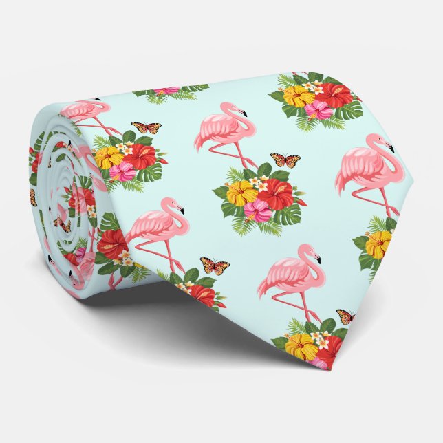 Cravate Flamant rose rose & Hibiscus Tropical Fancy Motif (Roulé)