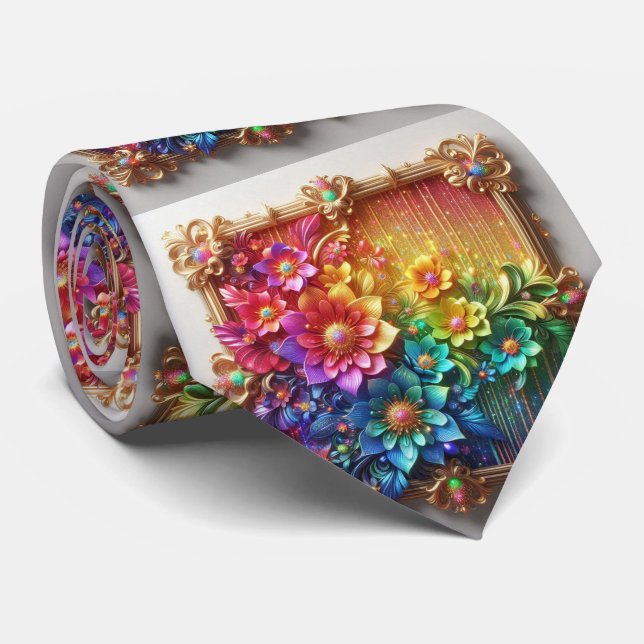 Cravate Flamboyant Neck Tie | Rainbow Flowers Faux Glitter (Roulé)