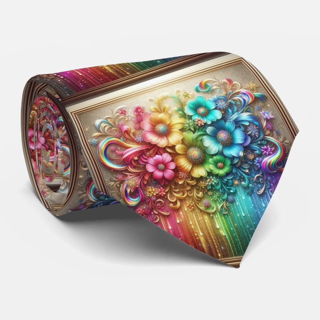 Cravate Flamboyant Neck Tie | Rainbow Flowers Faux Glitter (Roulé)