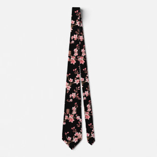 Cravate Fleur de cerisier japonais floral rose pâle noir