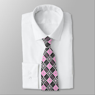 Cravate Fleur de diamant géométrique gris et rose recto-ve