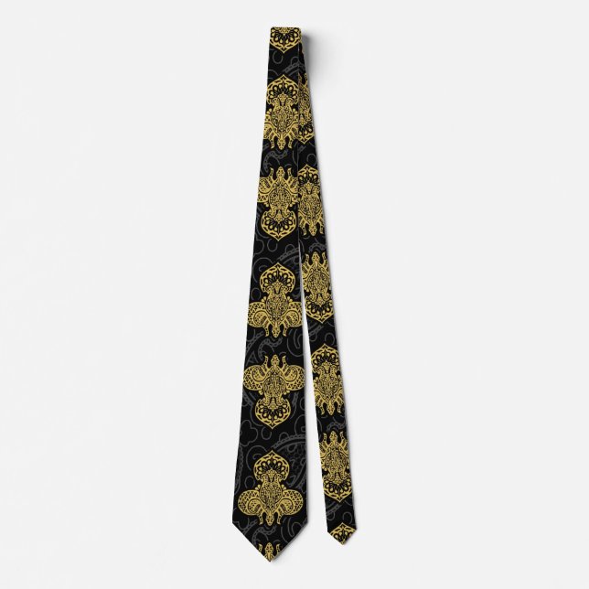 Cravate Fleur de Lis dorée sur Black Paisley (Devant)