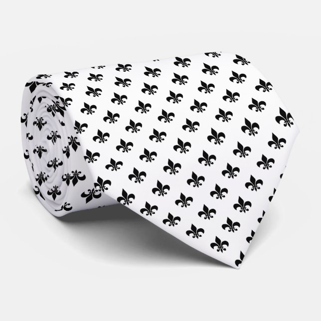 Cravate Fleur de lis noir moderne sur blanc (Roulé)