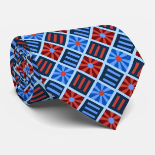Cravate Fleur diamant géométrique rouge et bleu à deux côt