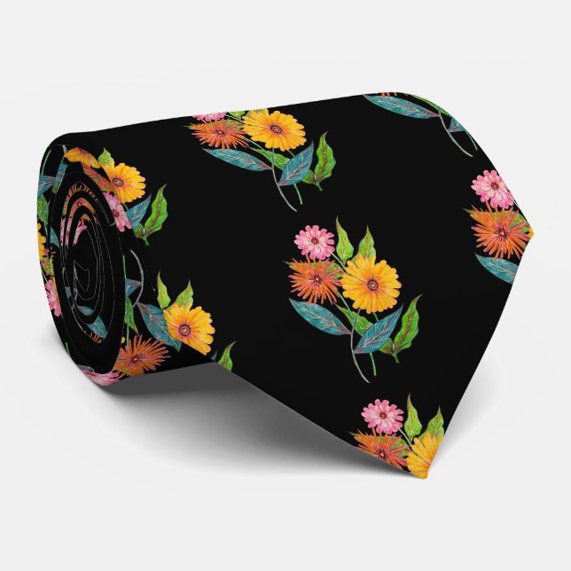 Cravate Fleur Fleur sauvage artistique Zinnia (Roulé)