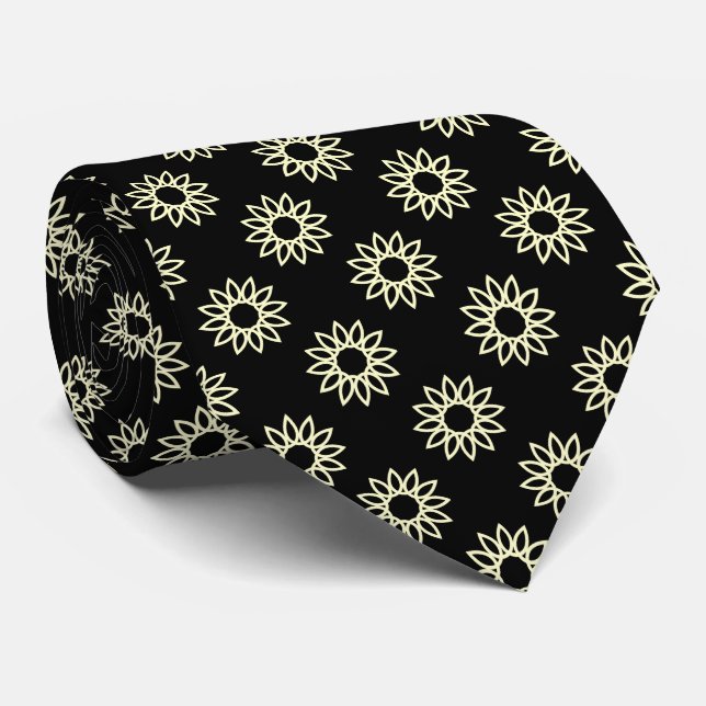 Cravate Fleur géométrique 01 - Jaune pâle sur Noir (Roulé)