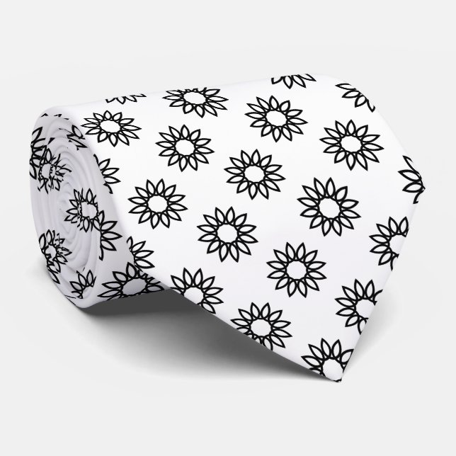 Cravate Fleur géométrique 01 - Noir sur blanc (Roulé)
