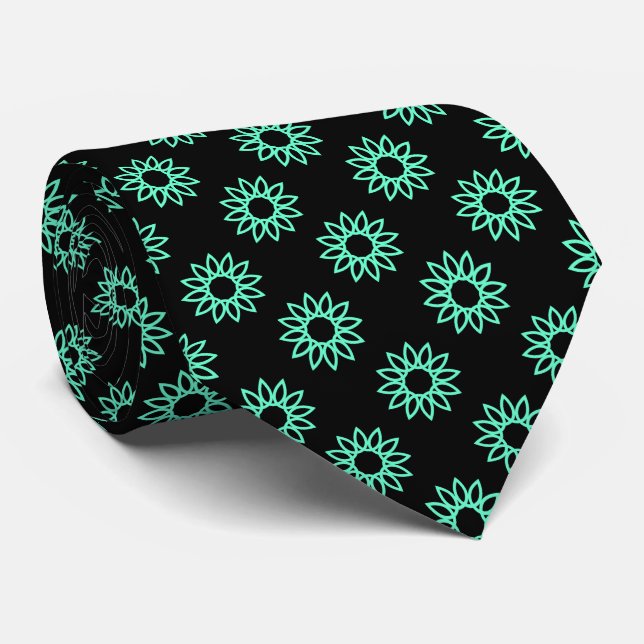 Cravate Fleur géométrique 01 - Turquoise sur Noir (Roulé)