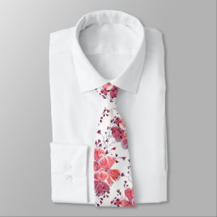 Cravate Fleur rouge rose sur blanc.