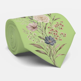 Cravate Fleur sauvage botanique de style brodé vert