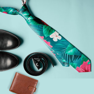 Cravate Fleur tropicale colorée et feuilles Été 