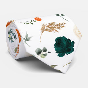 Cravate Fleurs à l'aquarelle Forêt verte Rouille orange Ro