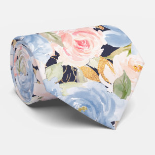 Cravate Fleurs à l'aquarelle Roses Bleu Poussiéreux Rose P