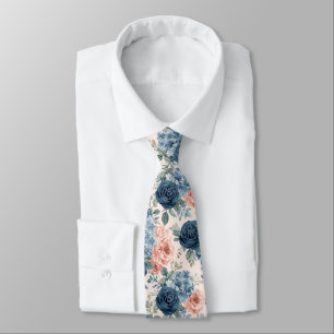 Cravate Fleurs à l'aquarelle Roses Navy Bleu Poussiéreux