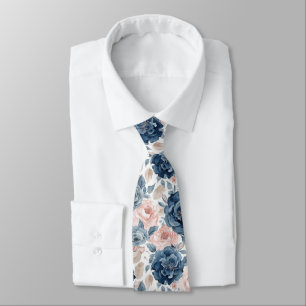 Cravate Fleurs à l'aquarelle Roses Navy Bleu Poussiéreux