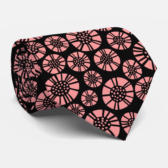 Cravate Fleurs Abstraites 031023 - Rose doux sur noir (Roulé)