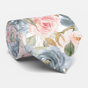 Cravate Fleurs aquarelle Fleurs roses rose saumon bleu ard