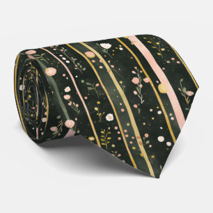 Cravate Fleurs aquarelles rayées vert foncé or rose hommes