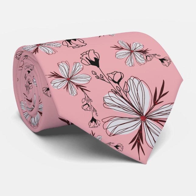 CRAVATE FLEURS BLANC W ROSE ARRIÈRE - PLAN (Roulé)