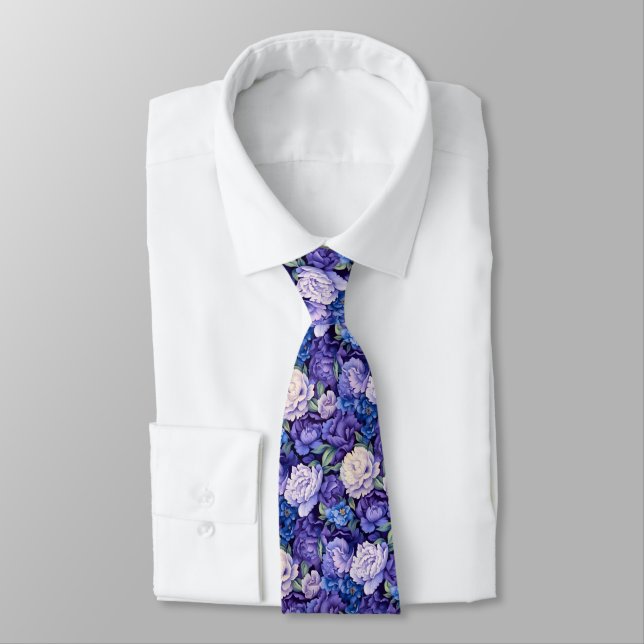 Cravate Fleurs blanches bleu violet (Attaché)