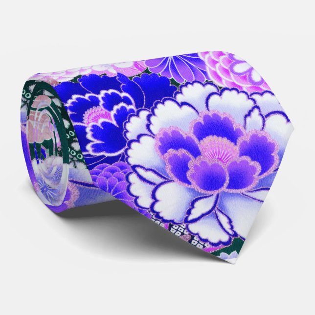 Cravate FLEURS BLANCHES BLEUES PIONNIÈRES, Floral japonais (Roulé)