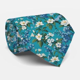 Cravate Fleurs blanches et bleu Oubliez-moi les noeuds