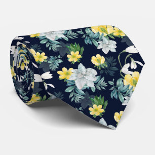Cravate Fleurs blanches et jaunes Motif floral