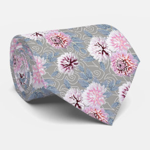 Cravate Fleurs blanches et roses sur gris.