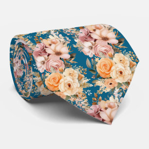 Cravate Fleurs Bleu Navy Poussiéreux et Rose Péché Floral