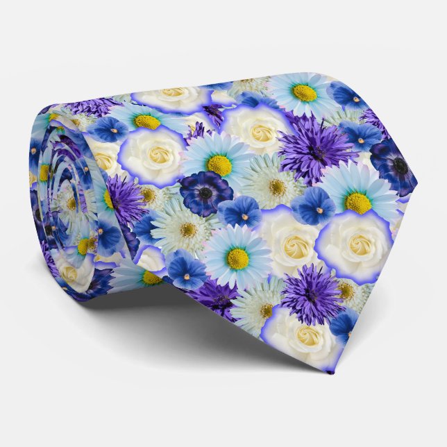 Cravate Fleurs bleues blanches et jaunes Collage floral (Roulé)