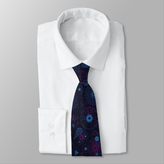 Cravate Fleurs bleues et violettes Motif de ligne géométri (Attaché)