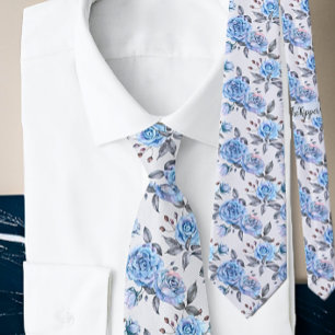 Cravate Fleurs bleues modernes Elégante aquarelle Rose
