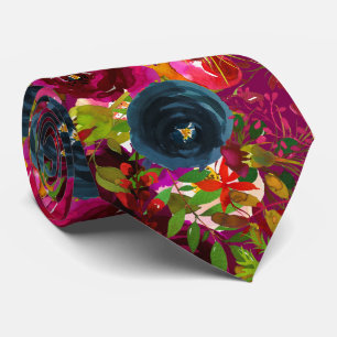 Cravate Fleurs Bordeaux Rose Navy Aquarelle Mariage