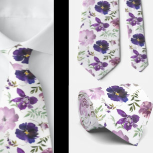 Cravate Fleurs d'aquarelle violette Lavande blanche