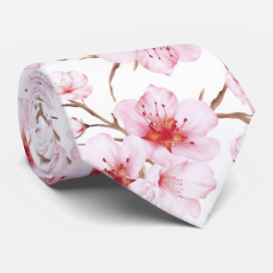 Cravate Fleurs de cerisier à l'aquarelle rose poudré blanc