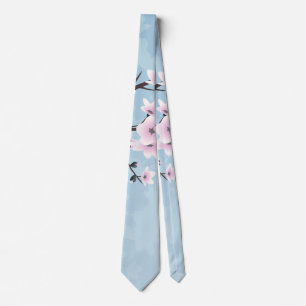 Cravate Fleurs de cerisier rose poudré bleu pâle