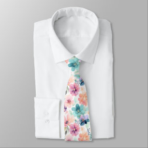 Cravate Fleurs de Floral Aquarelle Douce en Rose Bleu