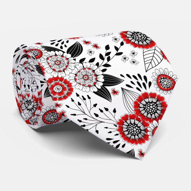Cravate Fleurs de gribouillis et feuilles en rouge et noir (Roulé)