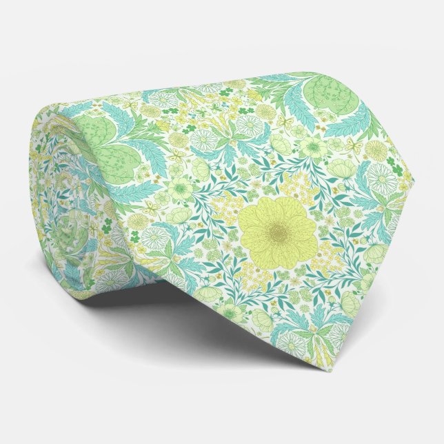 Cravate Fleurs de jardin rétro en vert et jaune (Roulé)