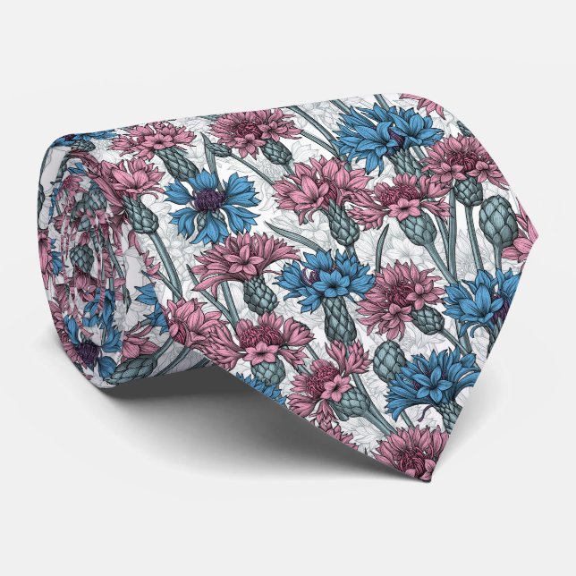 Cravate Fleurs de maïs roses et bleues, fleurs sauvages su (Roulé)