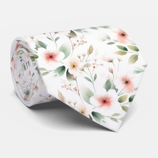 Cravate Fleurs de Pêcher Rose Pâle Motif de Feuilles de Sa (Roulé)