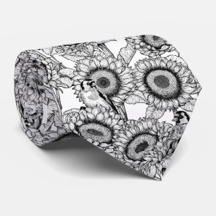 Cravate Fleurs de soleil et ailerons en noir et blanc