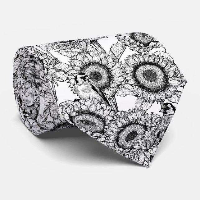 Cravate Fleurs de soleil et ailerons en noir et blanc (Roulé)