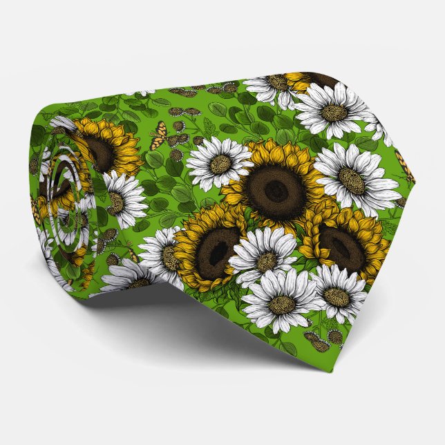 Cravate Fleurs de soleil et marguerites, jardin d'été (Roulé)
