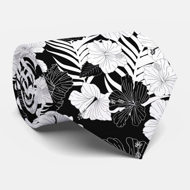 Cravate Fleurs d'Hibiscus Mariage hawaïen noir blanc (Roulé)