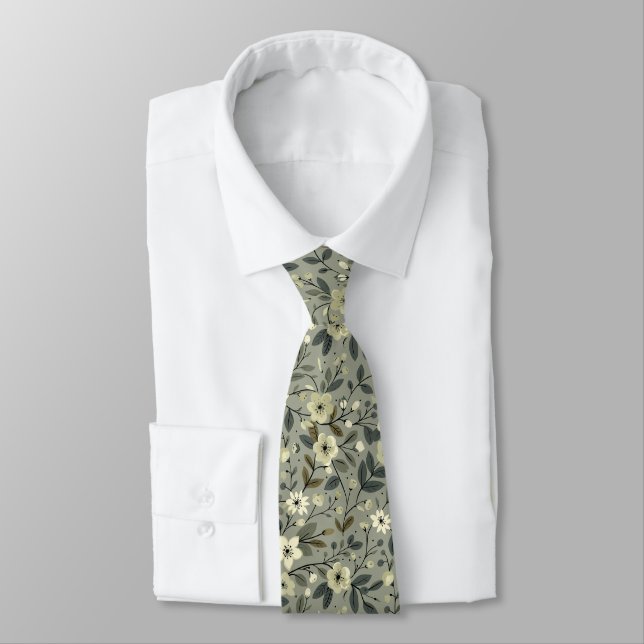 Cravate Fleurs d'olive vert et blanc (Attaché)
