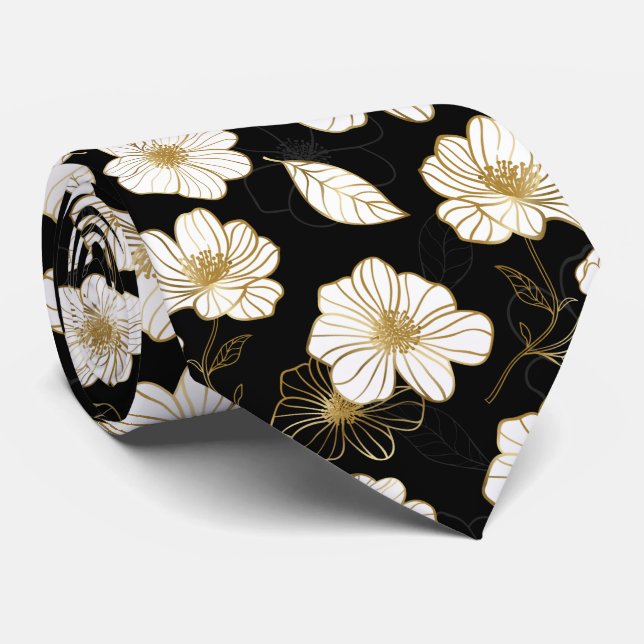 Cravate Fleurs d'or blanc Noir (Roulé)
