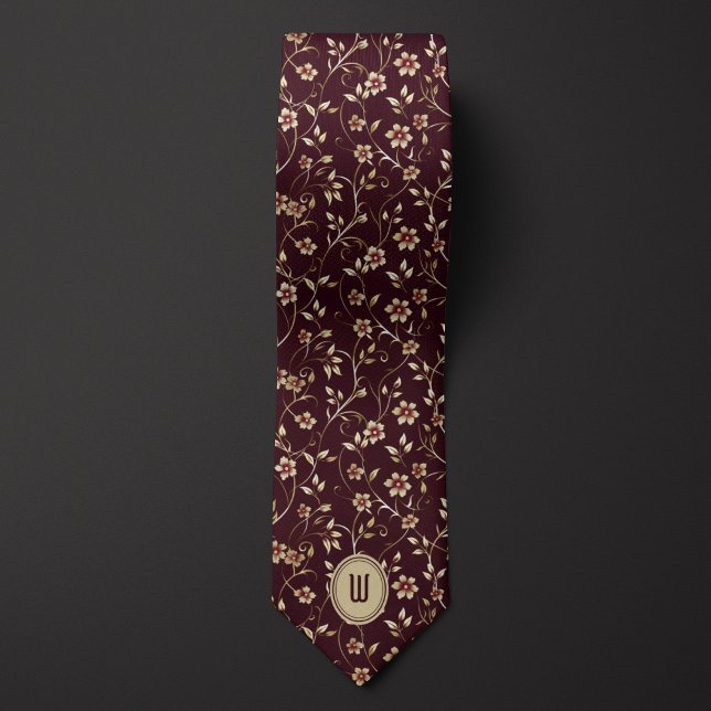 Cravate Fleurs d'or pâle sur Monogramme Bourgogne au choco (Créateur téléchargé)